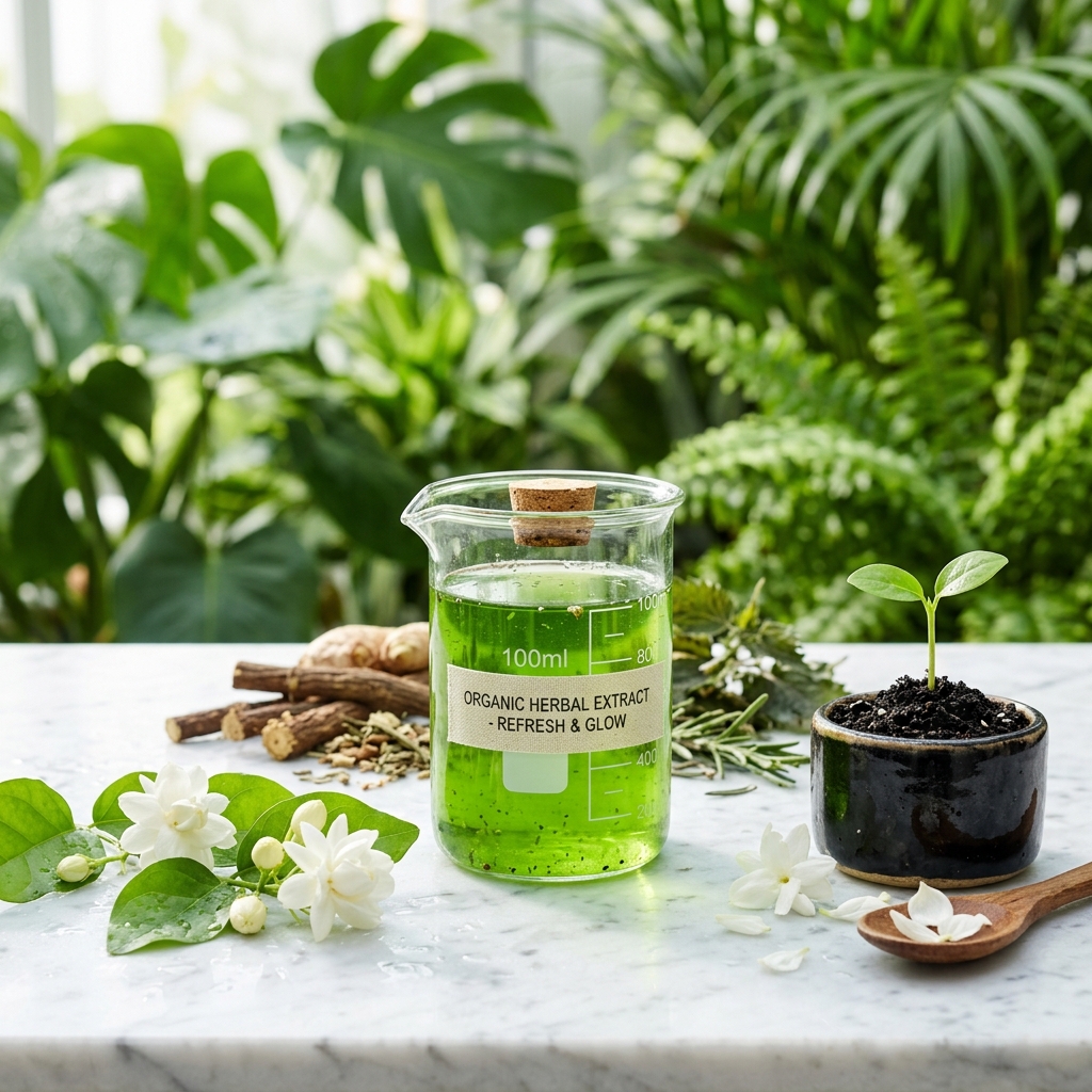 Herbal formulation beaker with natural ingredients